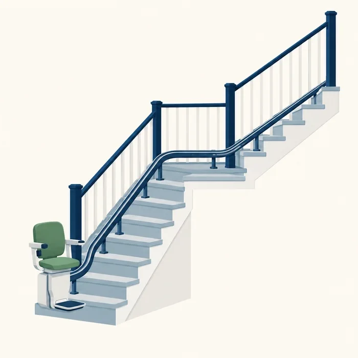 Illustration of a stairlift on a rail that curves around a half landing