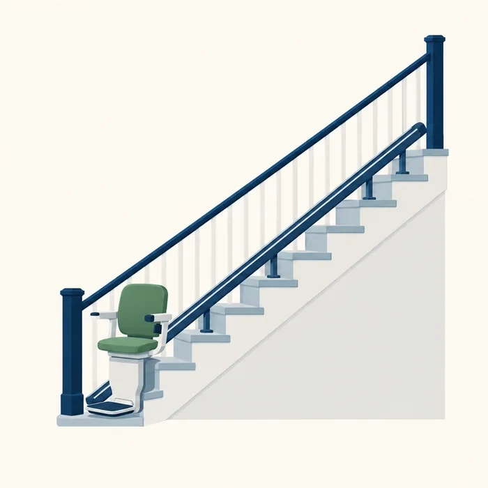 Illustration of a stairlift on a straight rail running up a single flight of stairs